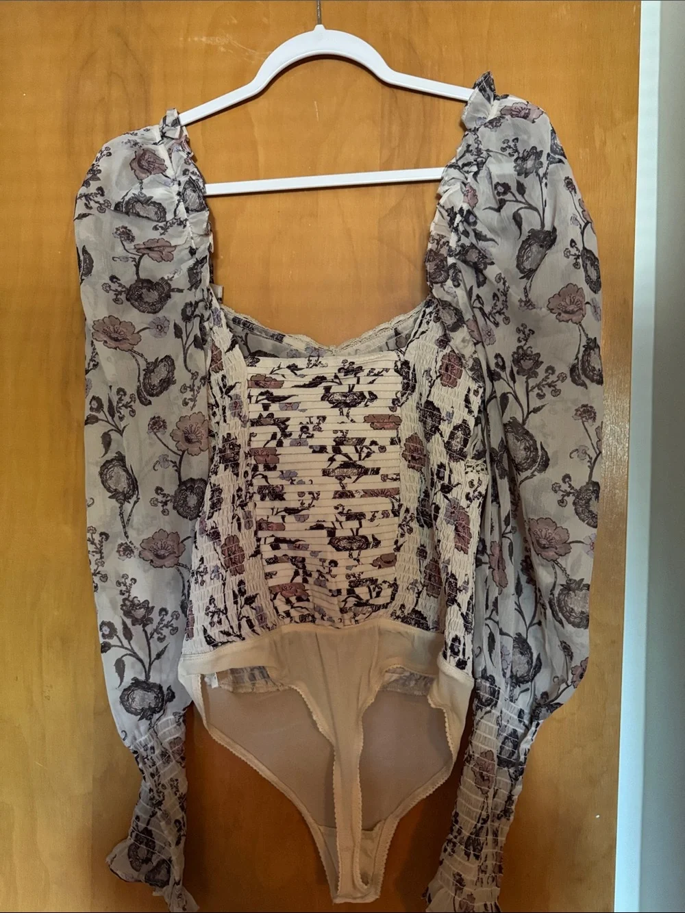 Free People Cream Floral Smocked Puff-Sleeve Bodysuit